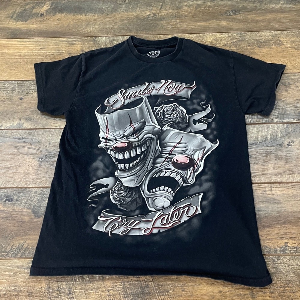 Doomsday Co Smile Now Cry Later Clown Graphic Tee Black Medium Horror Grunge Y2K